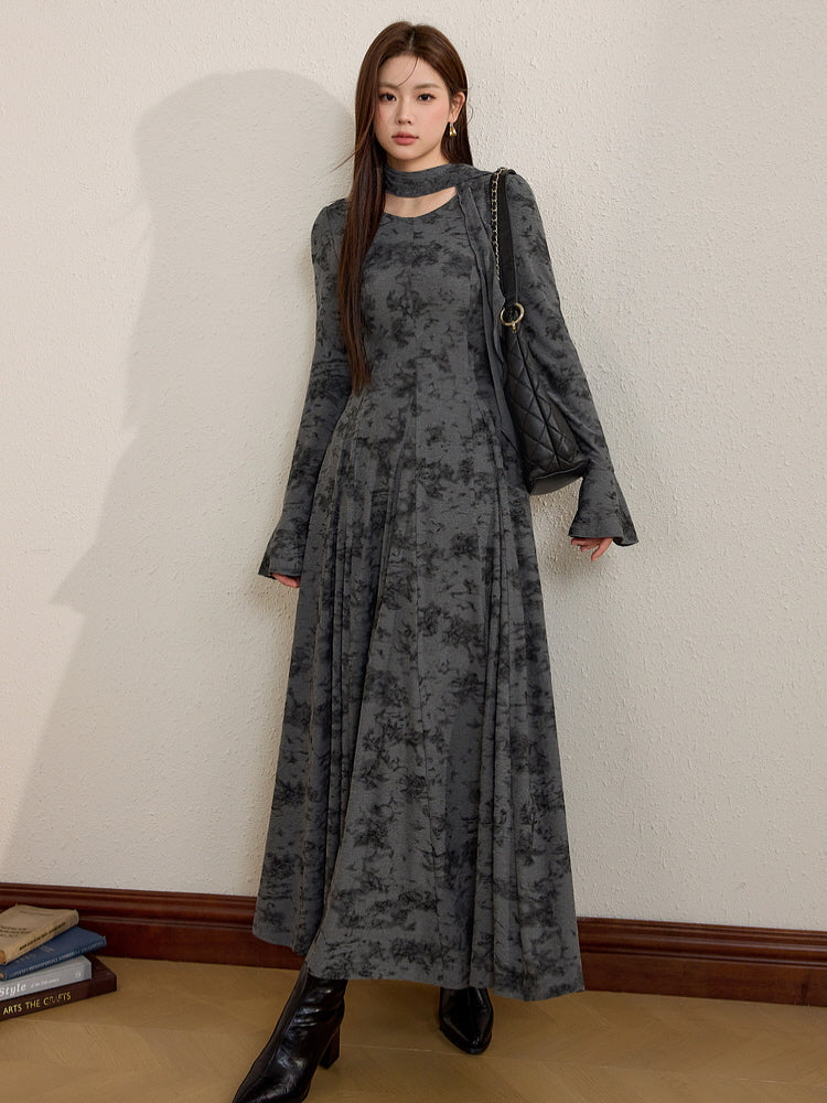 Smoky Marble Flow Dress with Scarf Accent