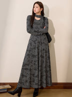 Smoky Marble Flow Dress with Scarf Accent