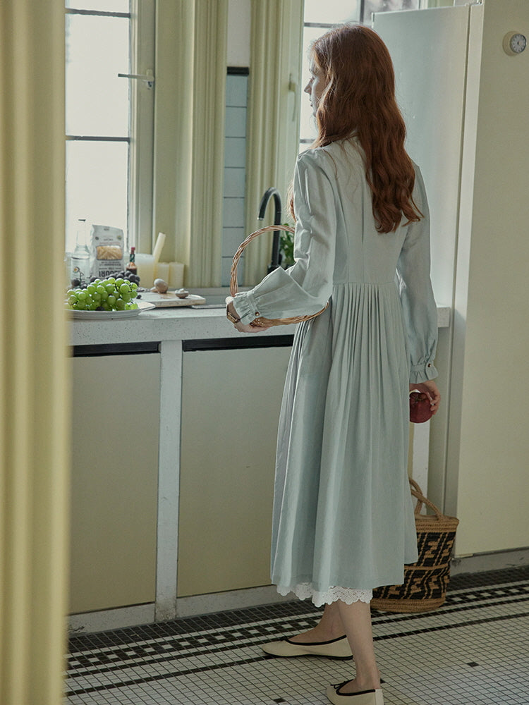 Vintage-Inspired Lace-Trim Light Blue Dress