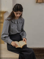 Ruffled Collar Classic Checkered Cotton Blouse