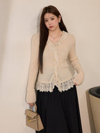 Ivory Lace Trim Wool Blend Cardigan