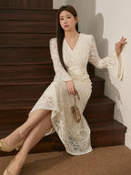 Romantic Ivory Lace Bell-Sleeve Dress
