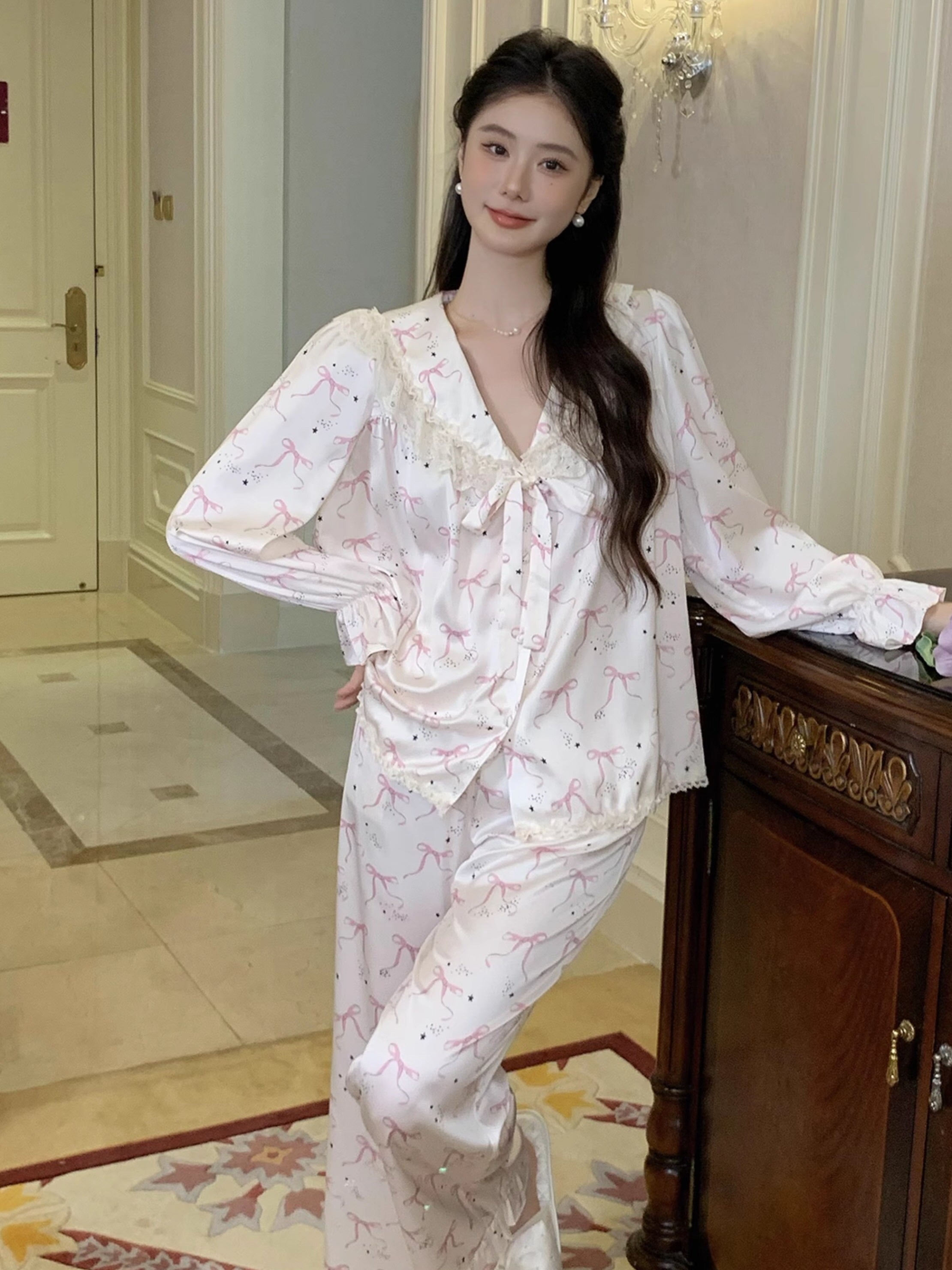 Pink Bow Charm Satin Pajama Set