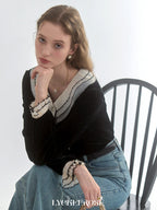 Black Velvet Contrast-Collar Cardigan