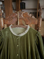 Olive Velvet Lace-Trimmed Vintage Dress