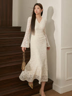Romantic Ivory Lace Bell-Sleeve Dress