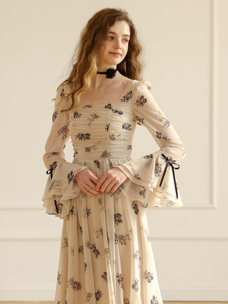 Enchanted Garden Long Beige Floral Dress