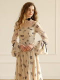 Enchanted Garden Long Beige Floral Dress