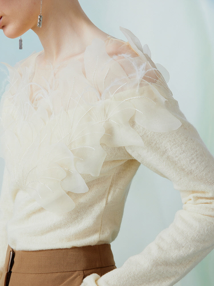 Elegant Floral Appliqué Knit Blouse
