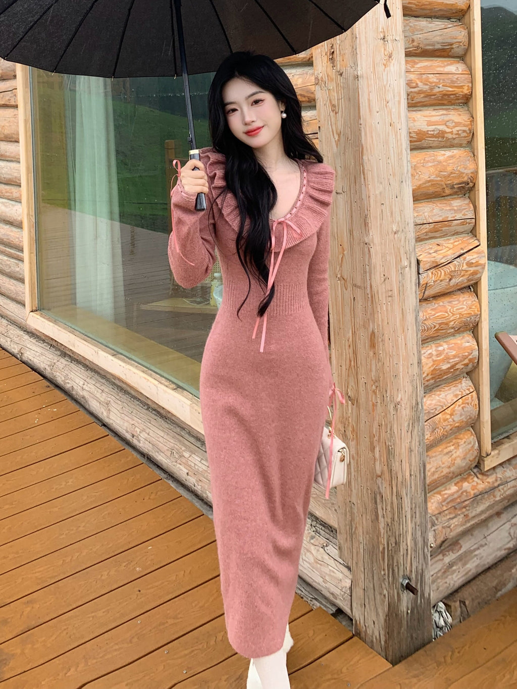Ruffle Ribbon Blush Pink Knit Dress