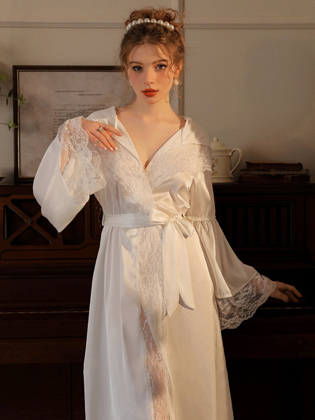 Elegant Lace Trim Hooded Nightgown