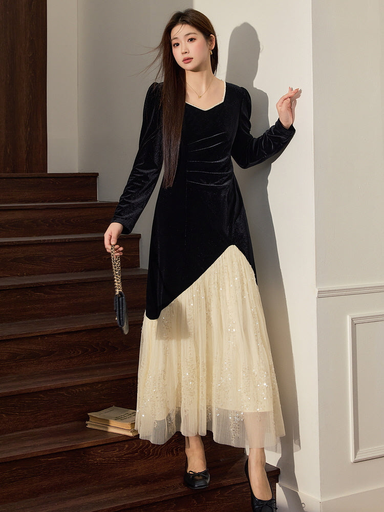 Ethereal Velvet Pearl-Collar Dress