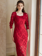 Scarlet Elegance Lace Midi Dress
