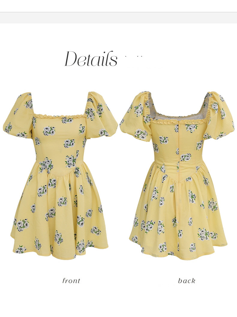 Sunlit Meadow Floral Puff-Sleeve Coquette Dress