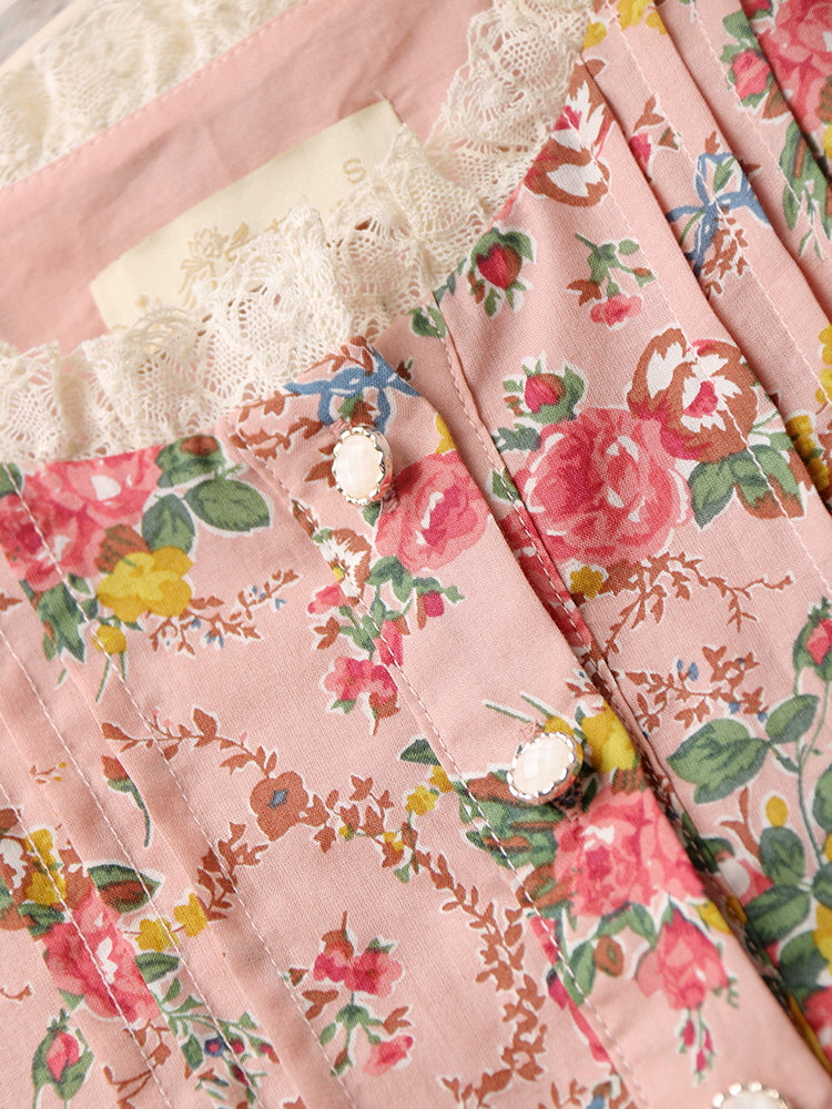 Lace Trim Vintage Floral Pink Cotton Dress