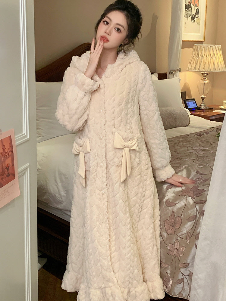 Cozy Winter Velvet Bow Hooded Robe