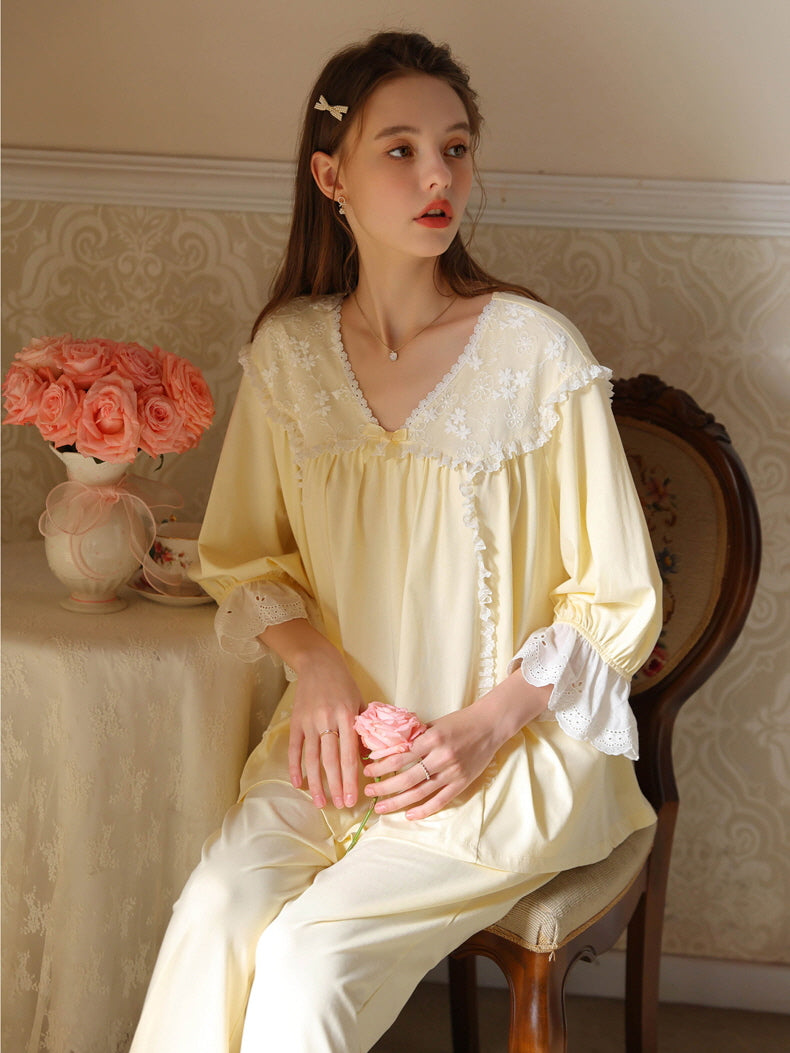 Floral Lace Trim Cotton Pajama Set