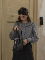 Ruffled Collar Classic Checkered Cotton Blouse