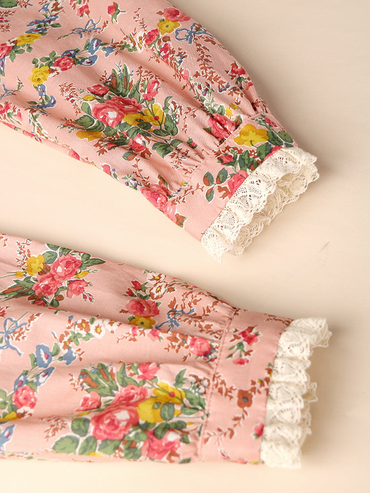 Lace Trim Vintage Floral Pink Cotton Dress