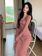 Ruffle Ribbon Blush Pink Knit Dress