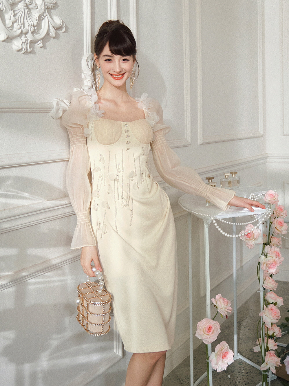 Whimsical Elegance Beaded Ivory Dress