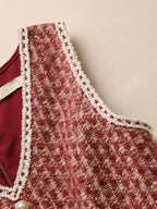 Elegant Red Tweed Pearl Button Dress