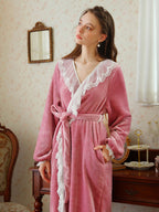 Velvet Lace-Trim Wrap Robe