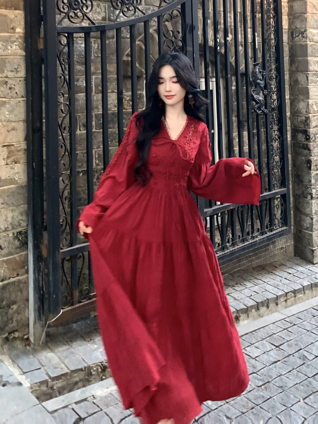 Ruby Elegance Lace-Up Maxi Dress