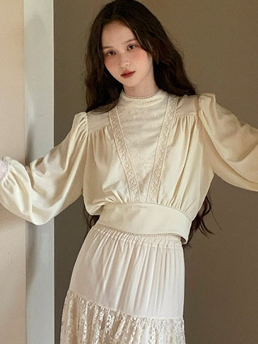 Vintage Elegance Lace Trim Blouse