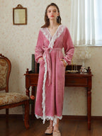Velvet Lace-Trim Wrap Robe