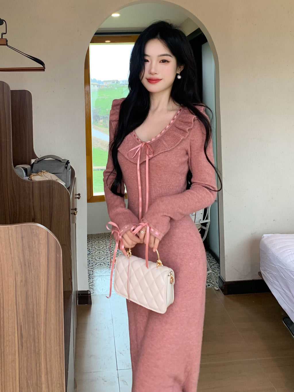 Ruffle Ribbon Blush Pink Knit Dress