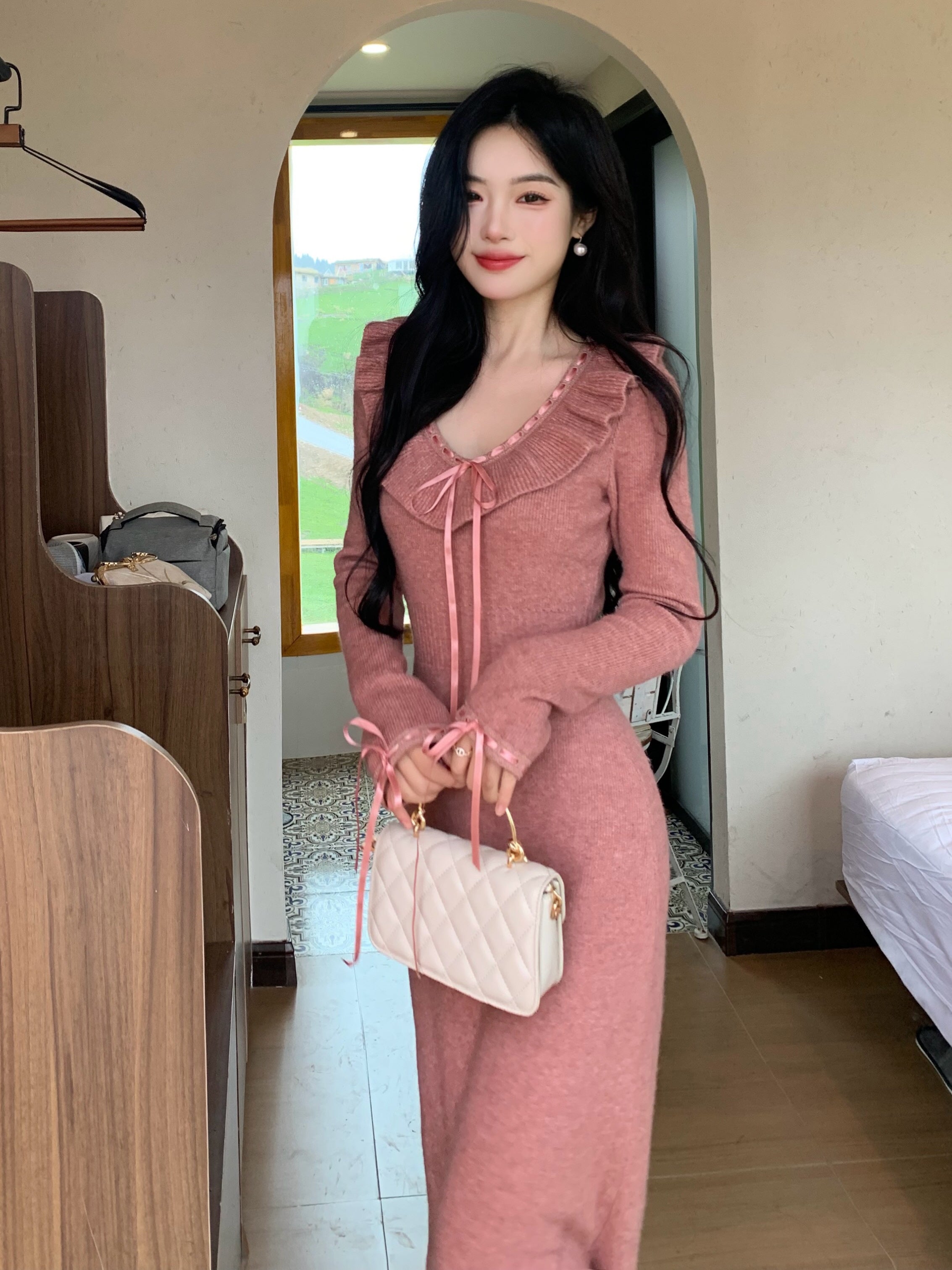 Ruffle Ribbon Blush Pink Knit Dress