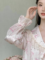 Pink Bow Charm Satin Pajama Set