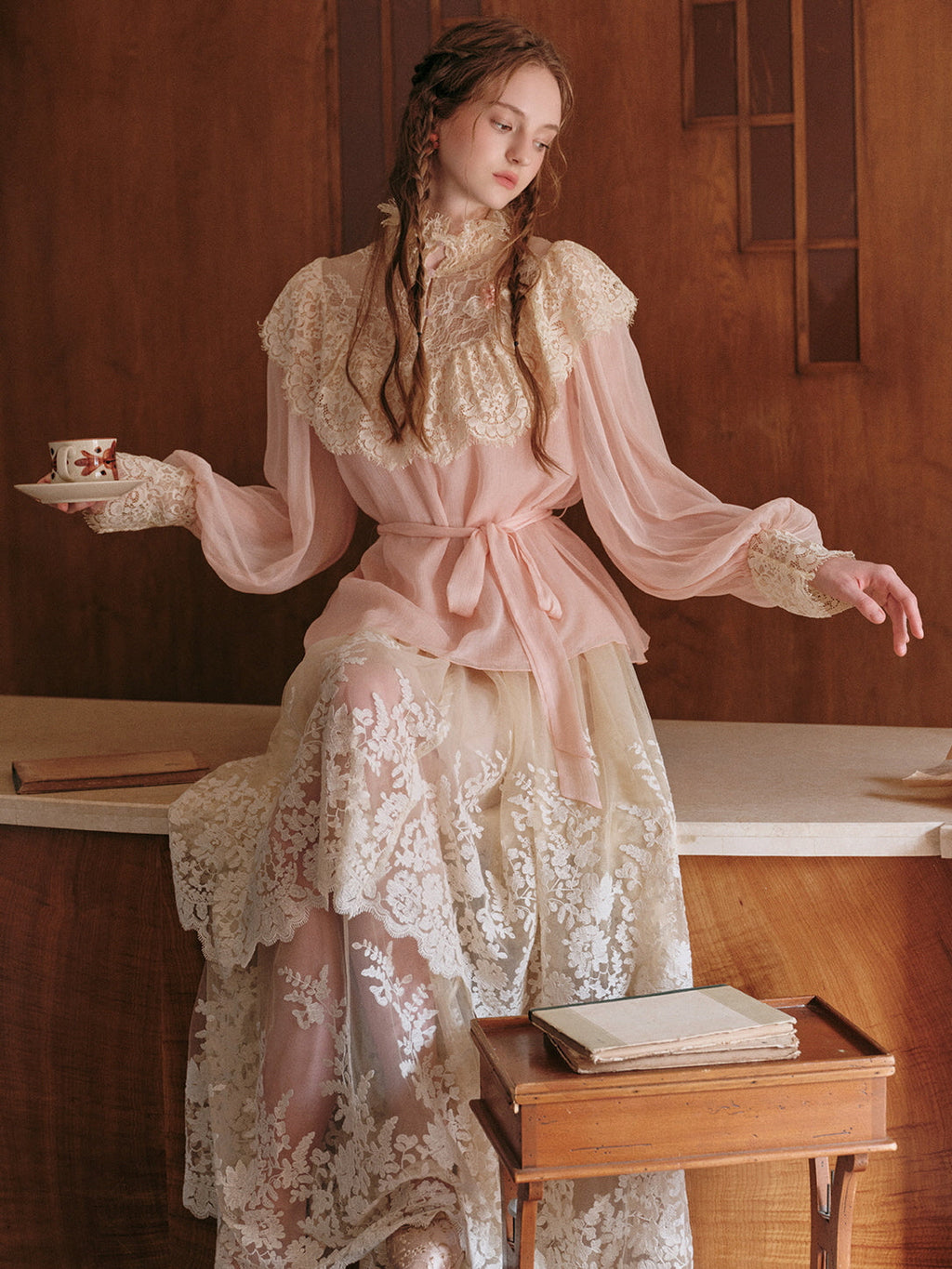 Vintage Lace Embellished Blush Pink Blouse