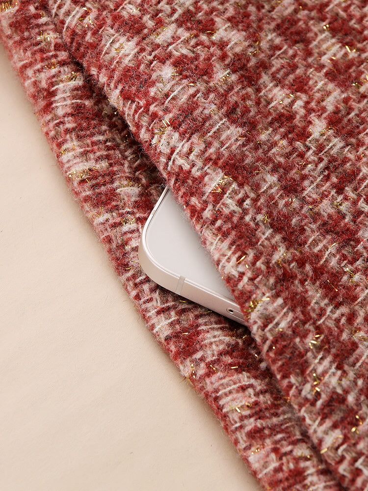 Elegant Red Tweed Pearl Button Dress