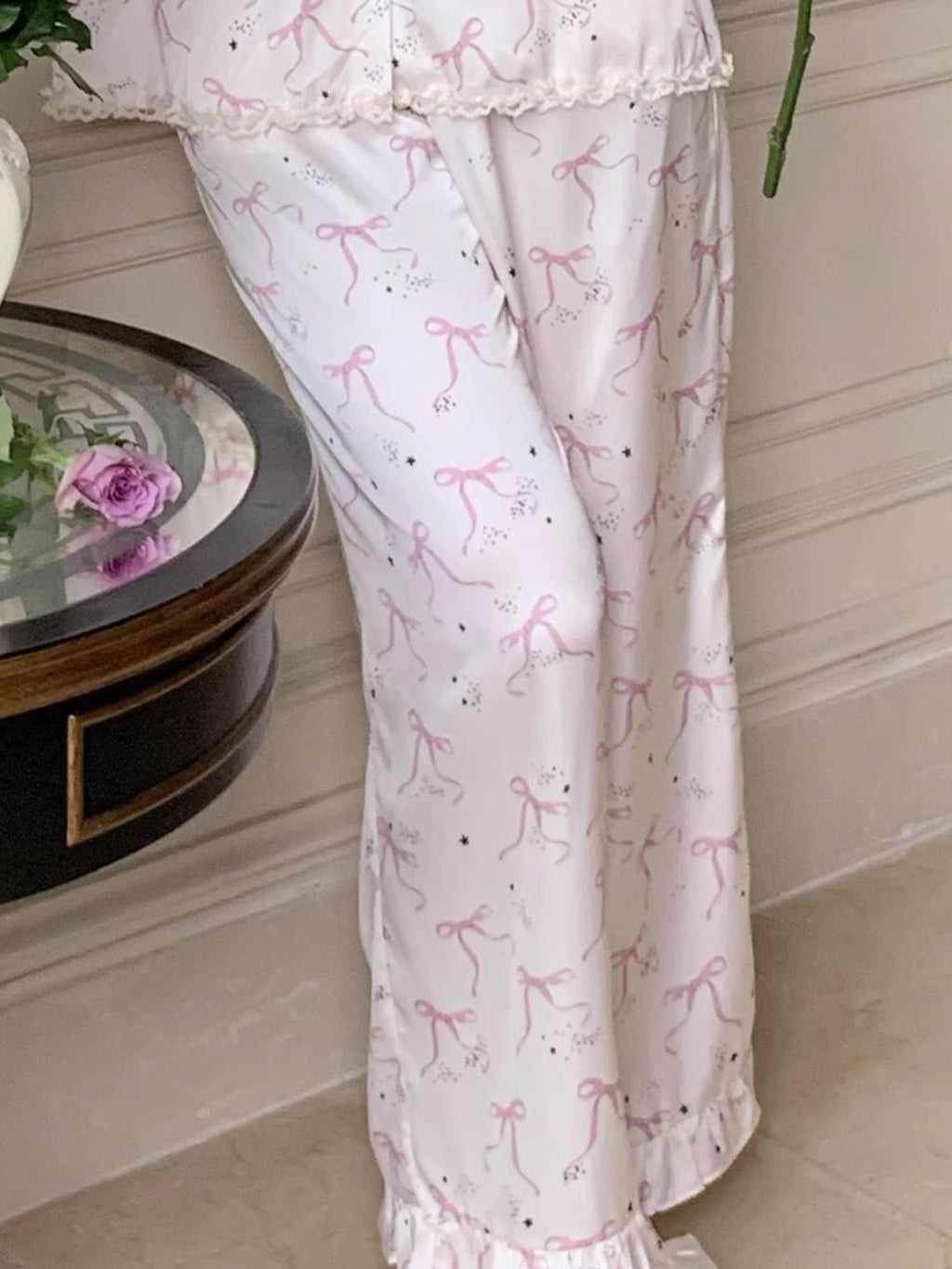Pink Bow Charm Satin Pajama Set