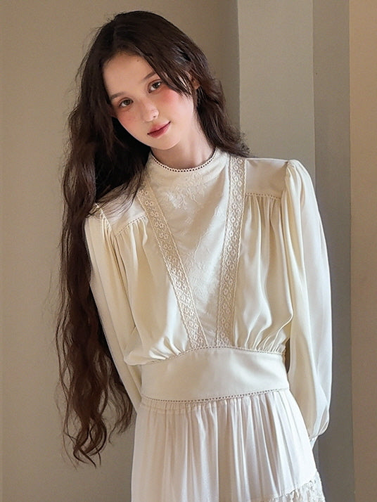 Vintage Elegance Lace Trim Blouse