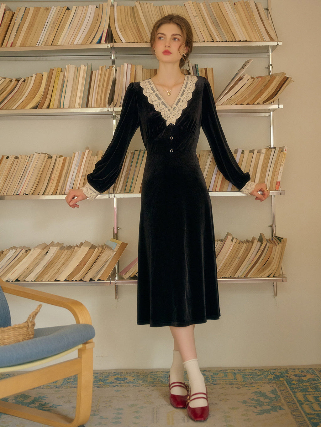 Lace Trim Vintage Velvet Elegance Dress