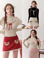 Coquette Knit Skirt with Lace Heart Pockets