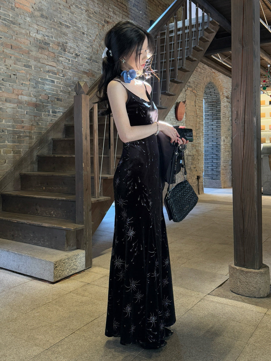 Midnight Sparkle Velvet Slip Dress