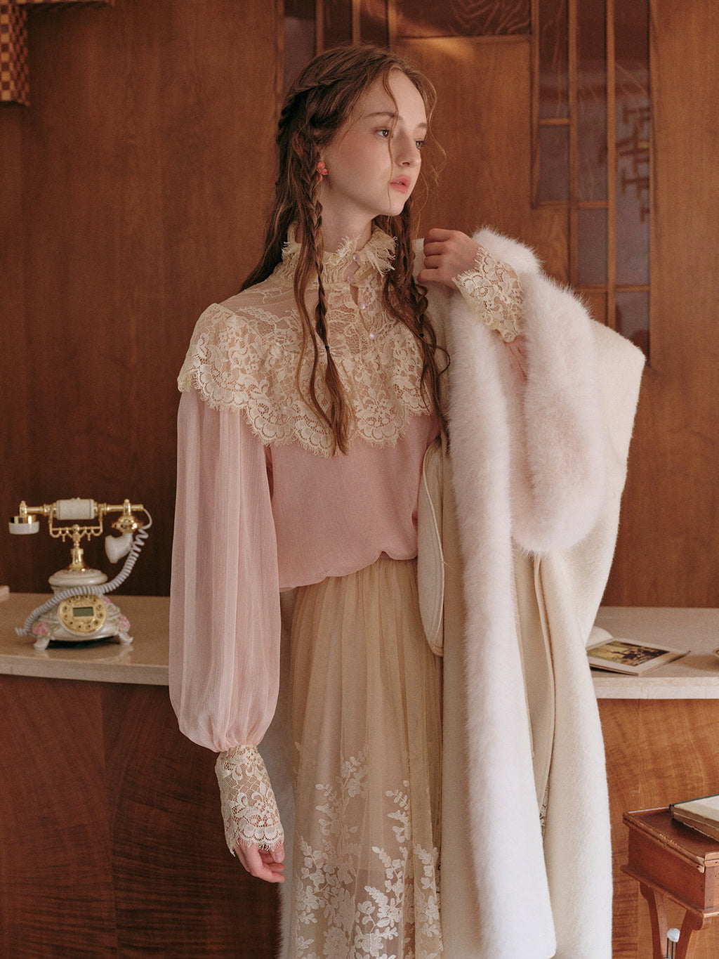 Vintage Lace Embellished Blush Pink Blouse