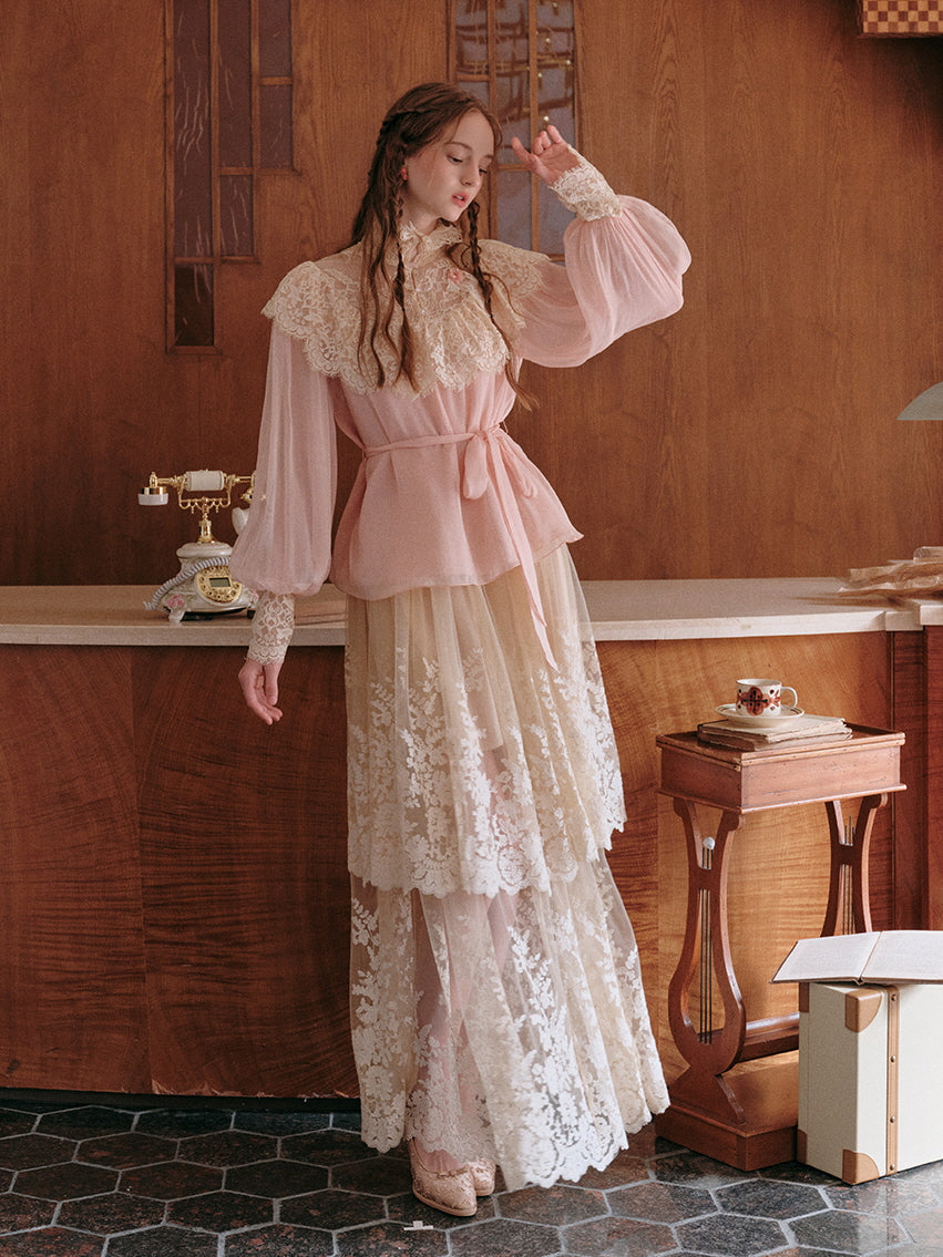 Vintage Lace Embellished Blush Pink Blouse
