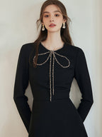 Elegant Black Bow Crystal Accent Dress