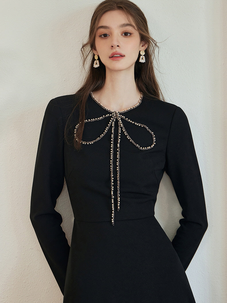 Elegant Black Bow Crystal Accent Dress