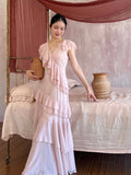 Graceful Pink Ruffle V-Neck Maxi Dress
