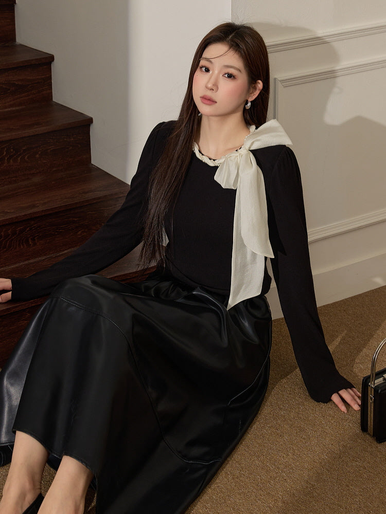 Elegant Pearl-Trimmed Bow Knit Top