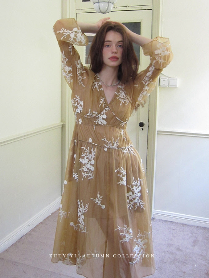 Golden Bloom Embroidered Sheer Dress