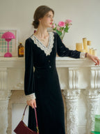 Lace Trim Vintage Velvet Elegance Dress
