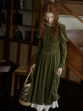 Olive Velvet Lace-Trimmed Vintage Dress