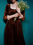 Ruffled Trim Royal Orange Velvet Vintage Dress